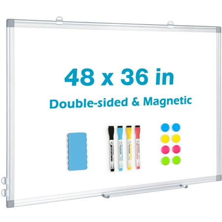 Magnetic Whiteboard Dry Erase Board  48 X 36 Inches  Double Sided Wall Mounted White Board with Pen Tray Eraser Markers and Magnets for Office Home Silver Aluminium Frame