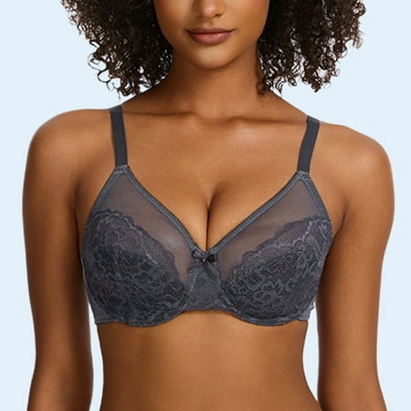 Up to 60% off Wireless Bra  Woman s Flower Embroidery F Cup Thin Style Ventilate Bra Steel Rim(Gray 34/75F)