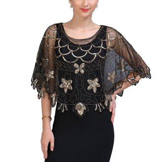 beaded shrug for dresses DARING DIVA Women's Sequin Beaded Open Front Evening Shrug L Black