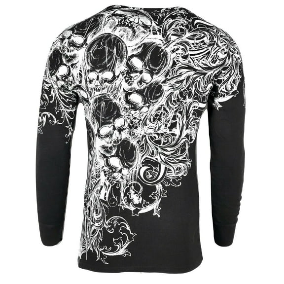 Xtreme Couture by Affliction Men's Thermal Shirt ACCUSER Skull Biker MMA Black
