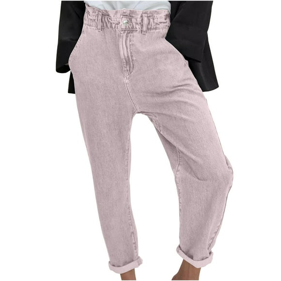LLYwey Linen Pants Spring and Summer Women's Button Elastic Waist Solid Fashion Casual Jeans Pants Straight Leg Pants Female Long Pant Style H1598 Pinks L
