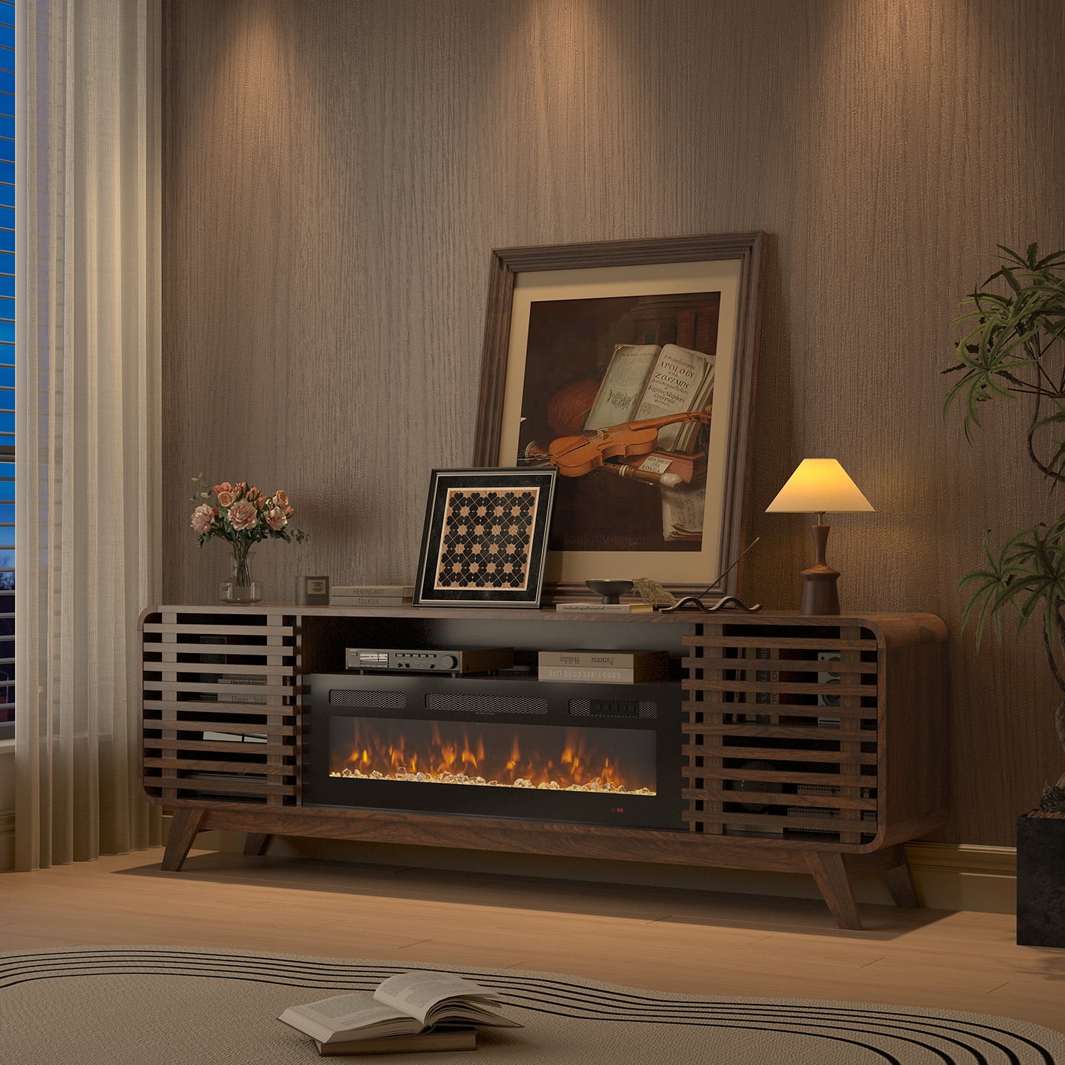 BaPiPro 70" Fireplace TV Stand with 36" Electric Fireplace, for TVs up to 80", Mid-Century Wood Entertainment Centre with Storage, Brown