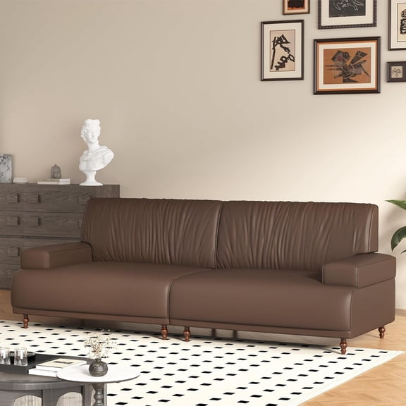 86.41" Mid-Century Modern Leather 3-Seater Couch, Comfortable Sofa with Solid Wood Legs and Frame, for Living Room, Bedroom, Apartment, and Office,Brown