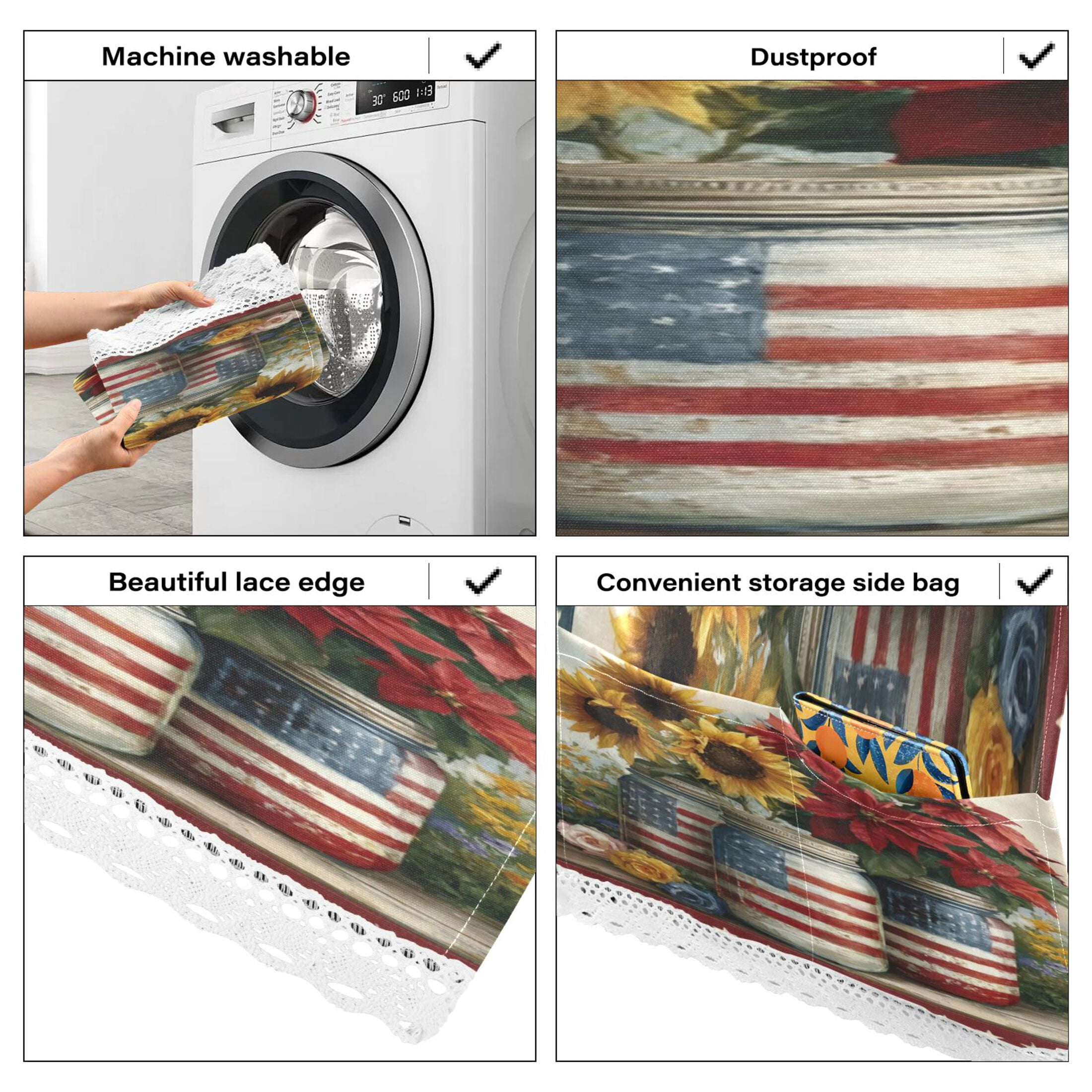 Wobogo American Patriotic Floral Washing Machine Cover Dustproof Washer Dryer Cover Waterproof Laundry Room Decorative Protector