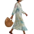 thumbnail image 3 of DISNIMO Dresses for Women Starfish Flower Print Imitation Linen Casual Maxi Dress V Neck Dress 3/4 Sleeve Loose Fit Shift Dresses, L, 3 of 6