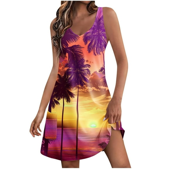 QUNYINEY Womens Dresses Sleeveless Casual Hawaiian A-Line Dress with Pockets V Neck Beach Mini Sundress