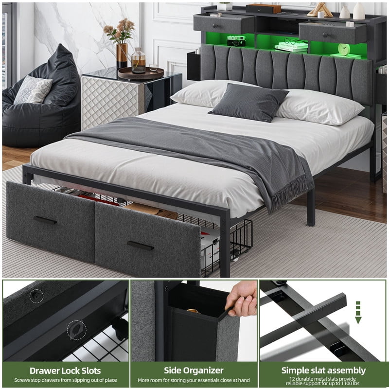 Uforic Full Upholstered Bed Frame with Charging Station, LED Platform Bed with Storage Drawers, Gray
