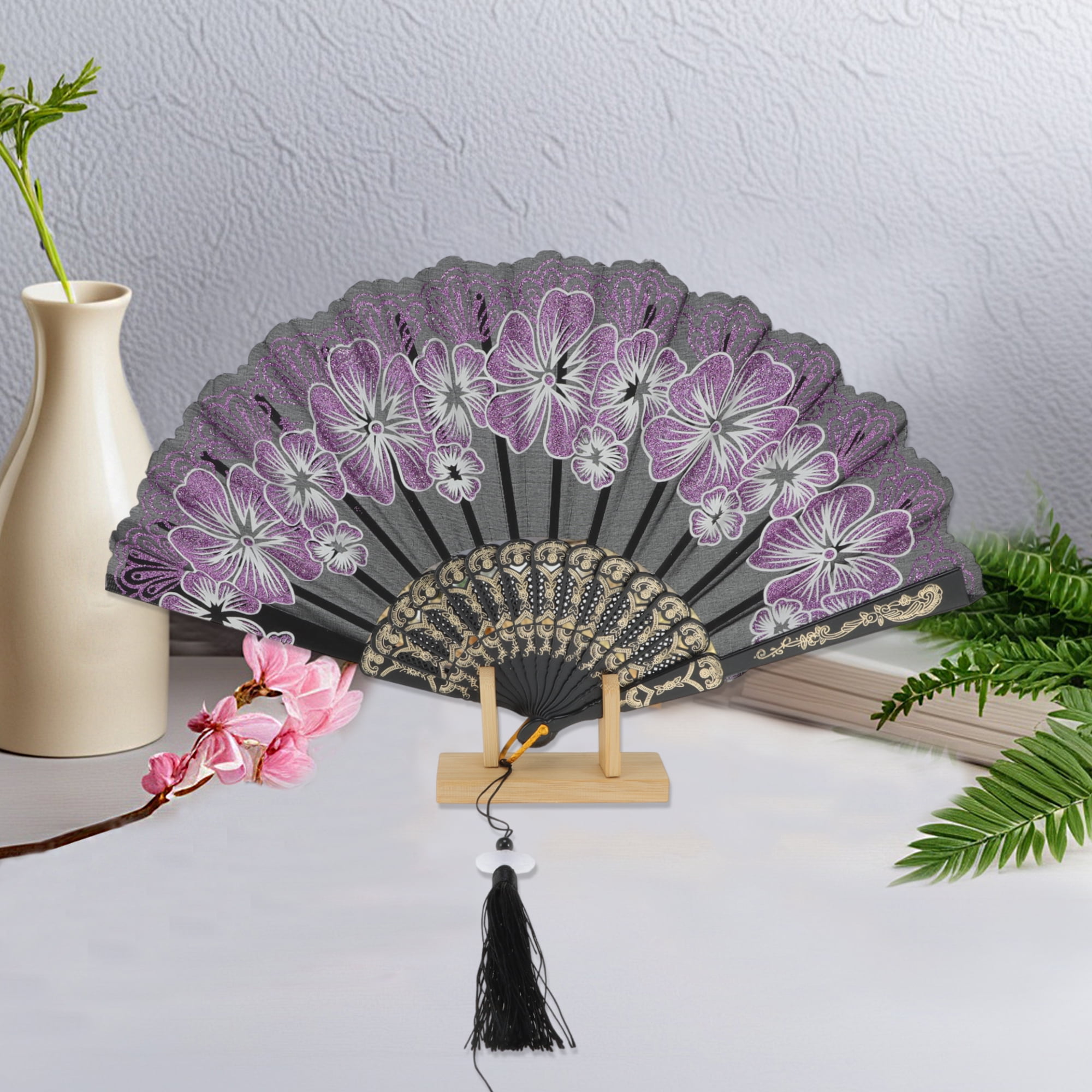 Unique Bargains Rose Lace with Tassel Folding Fan for Weddings and Parties 1 Pc Violet