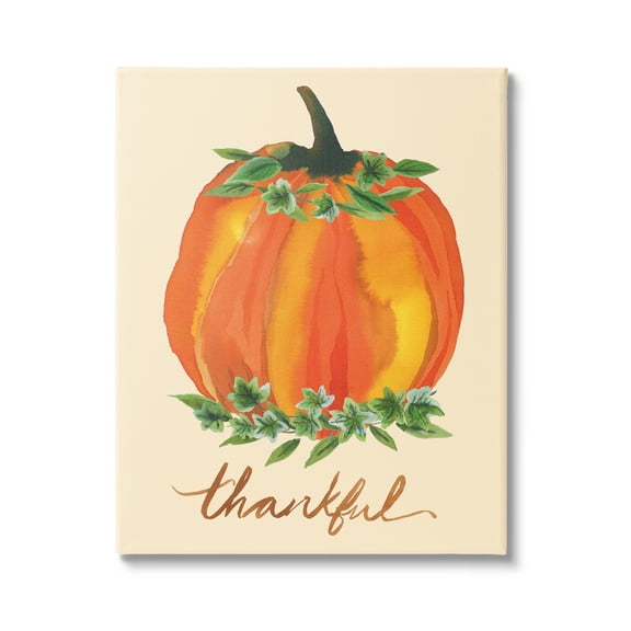 Stupell Industries Thankful Orange Pumpkin Leaf Botanicals Autumn Plants Graphic Art Gallery Wrapped Canvas Print Wall Art, Design by Heather McLaughlin