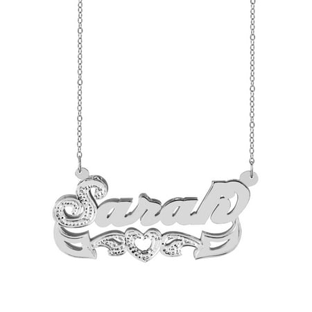 Personalized Sterling Silver or 14K Gold Plated Double Name Necklace w/Heart and Tail. Beading and Rhodium on First Initial and Heart 18