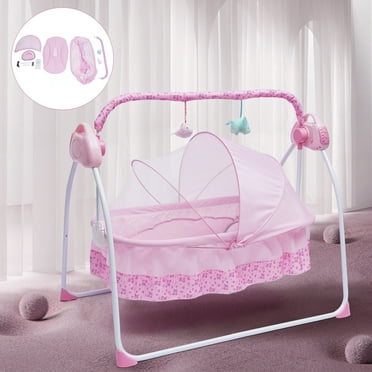 Pink Electric Baby Crib Cradle Auto-Swing Baby Newborn Bed Sleep Cradle   Mat 5 Speed