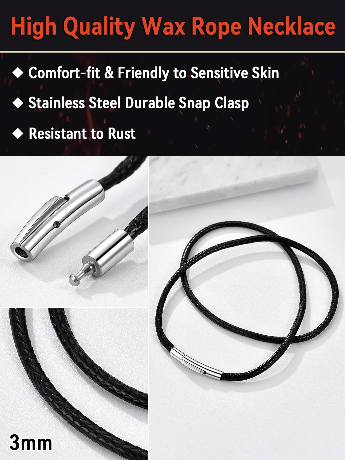 FaithHeart Braided Leather Cord Necklace for Men Women Stainless Steel Snap Clasp, 3MM Waterproof Black Woven Wax Rope Chain for Pendant Jewelry Gift for Son Birthday