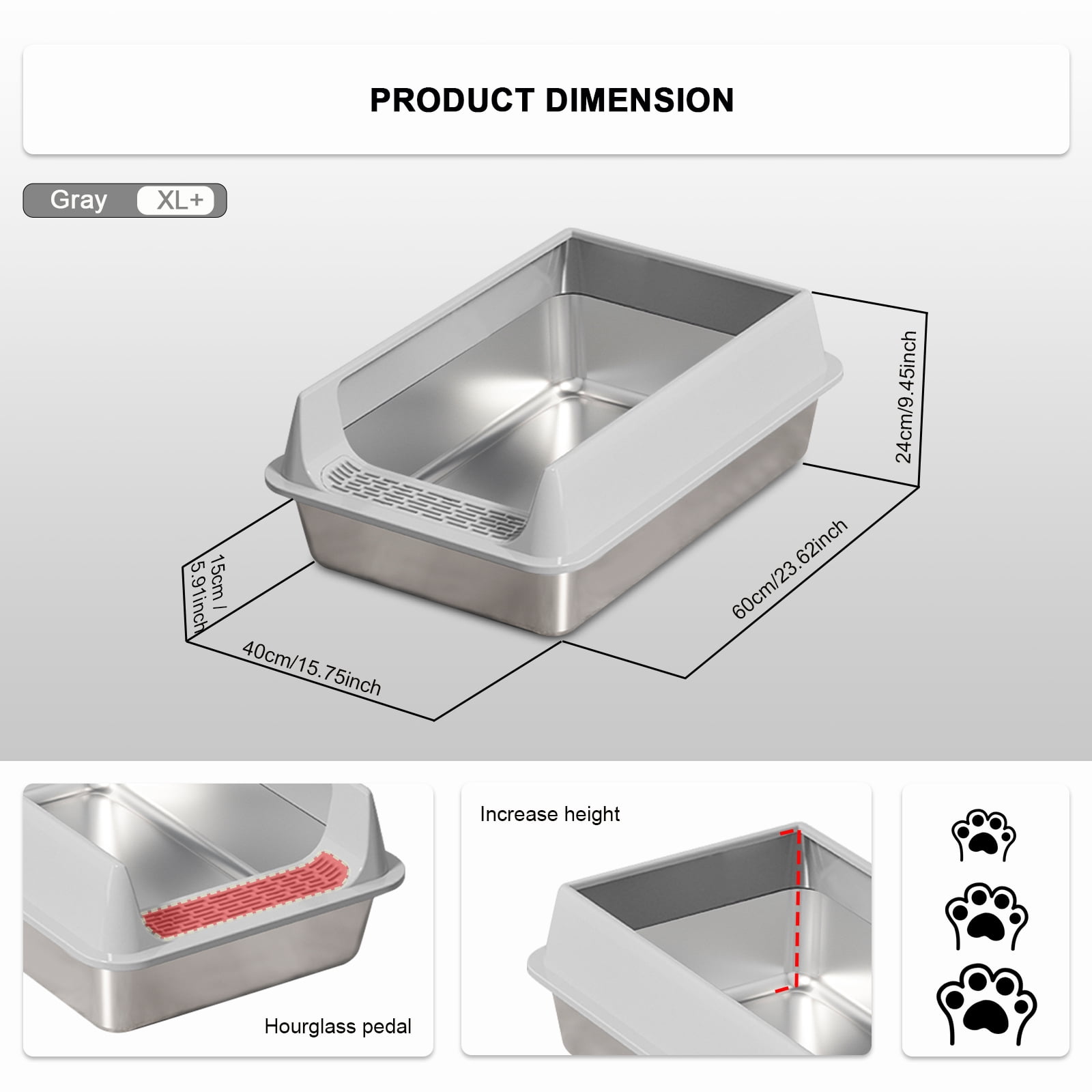 Stainless Steel Litter Box, Semi Enclosed High Side Cat Litter Box, Top Entry Litter Boxs for Senior Cats, Leak-Proof, Non-Sticky, Ideal for Indoor Cats Kitten, Gray/XL