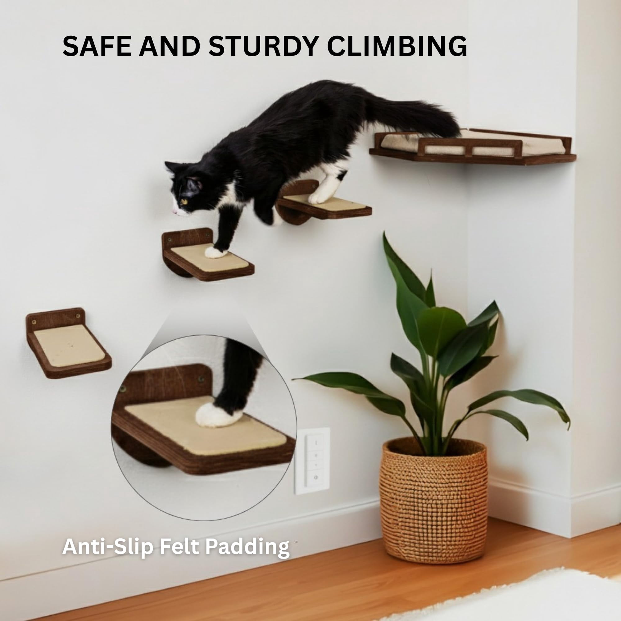 Cat Wall Shelves - Safe And Sturdy Furniture Stylish Wood Corner Shelf With 3 Steps For Cats Up To 15lbs Cushioned Perch Stairs Climbing Playing Dark Brown