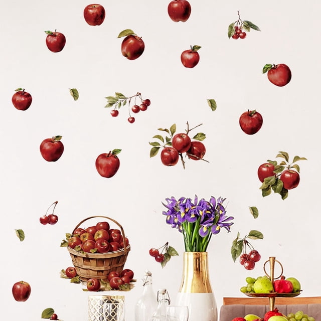 Adhesivos de pared de PVC con forma de manzana y cereza, fruta fresca, 30 x 90 cm
