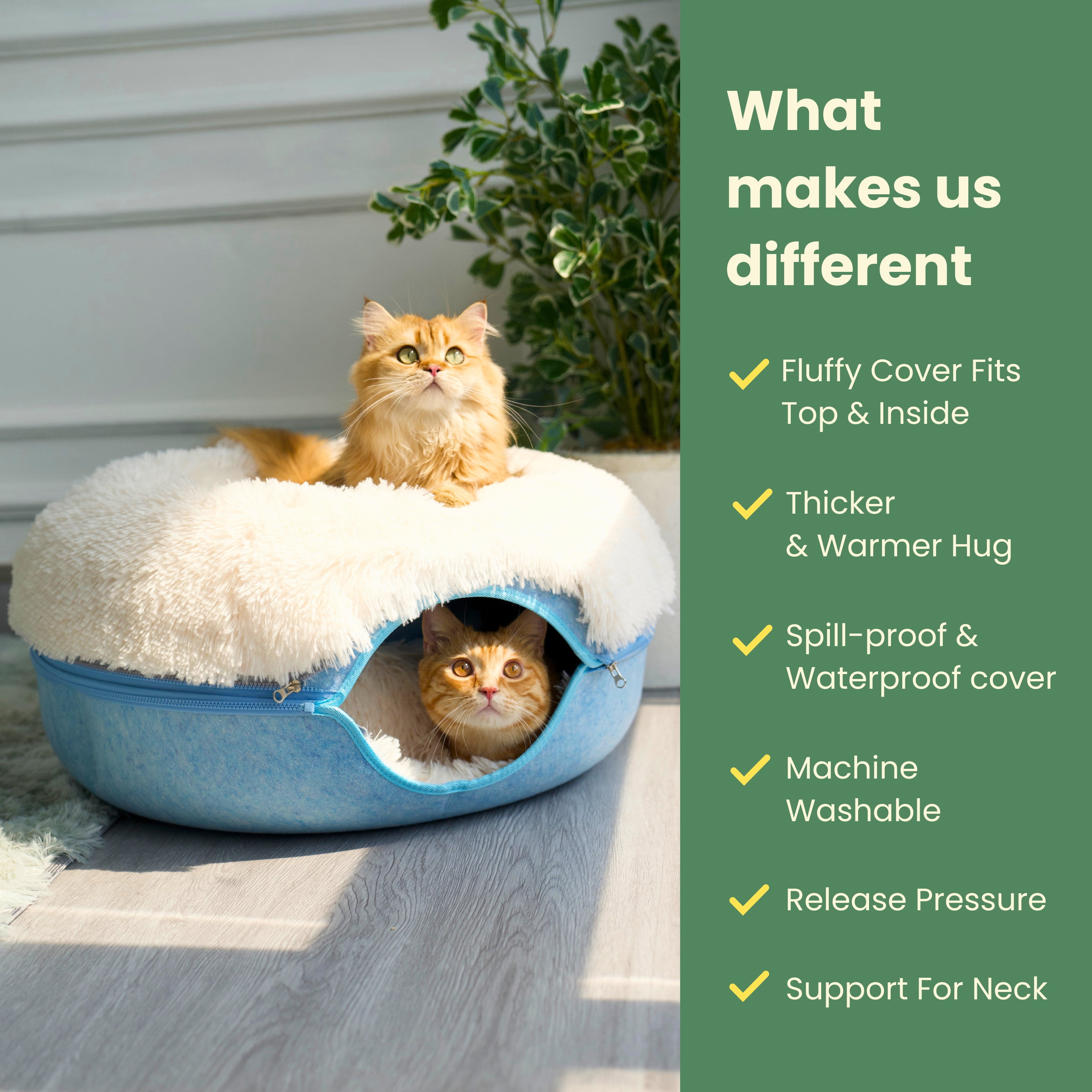Cattasaurus Calming Donut Cat Cave for Multiple & Large Cats Up to 30-45 Lbs, Scratch Detachable & Washable Tunnel Bed, Comfy Donut Cat Cave (Blue, Large)