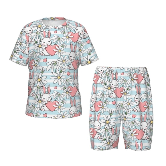 Balery Cute Rabbit And Heart Conjunto de Pijama Infantil de Manga Corta con Estampado – Ropa de Dormir de Algodón Suave-Large