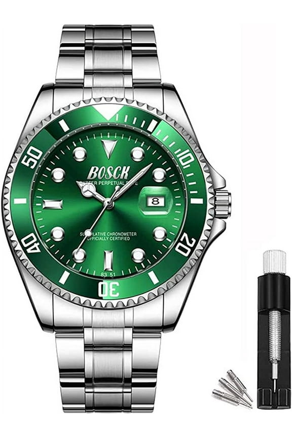 Men's 42mm Stainless Steel Classic Luxury Analog Wristwatch, Green Watch for Men