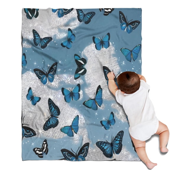 Lightblue Butterfly Sparkle Pattern Blanket,Comfortable Soft Flannel Throw Blanket,All Season,Warm Lightweight Blankets for Sofa Bed Couch Living Room Chair,30"x40"