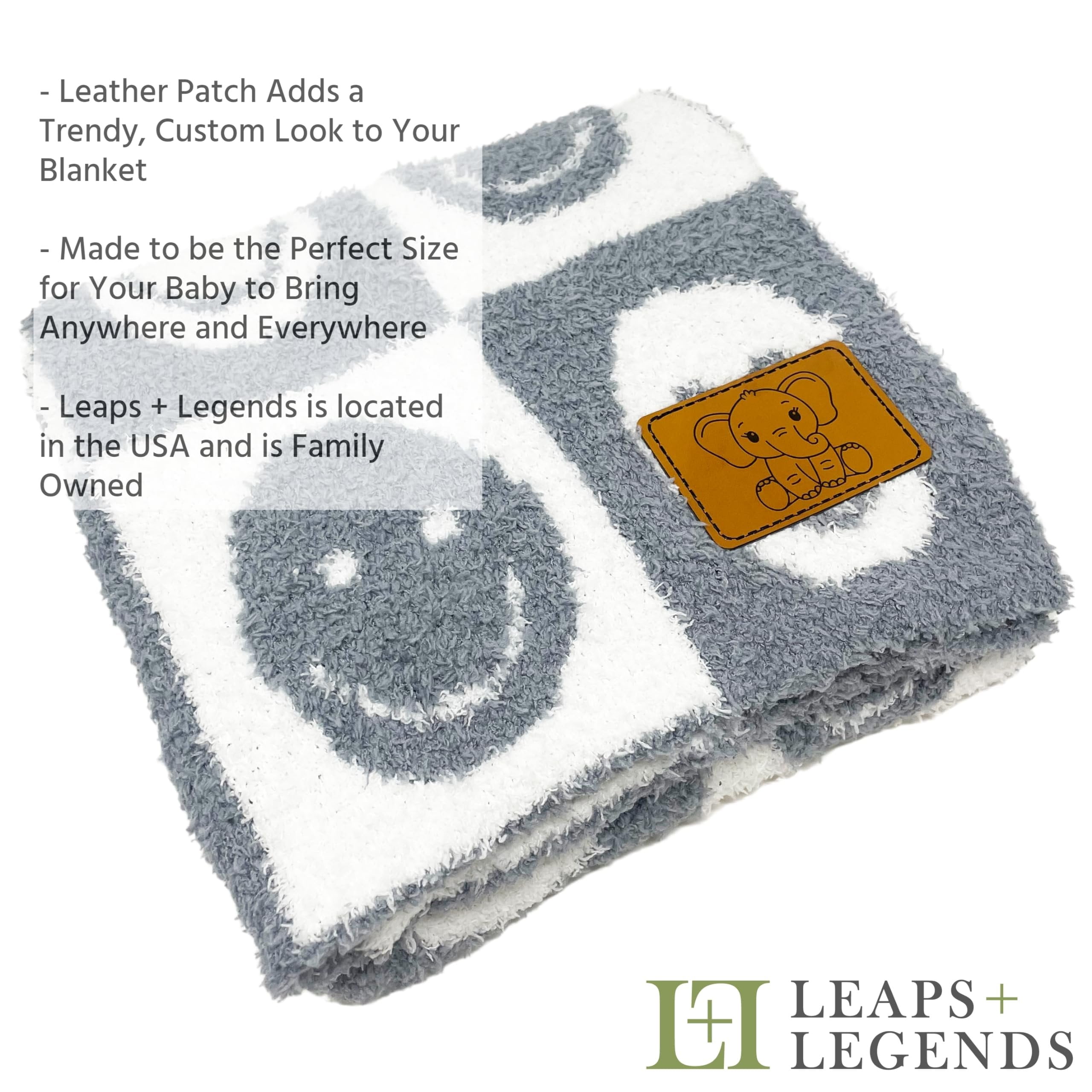 Checkered Smiley Face Baby Blanket 28"x40" with Leather Patch - Soft Knitted Throw - Receiving Blanket/Newborn Gift Gray/White