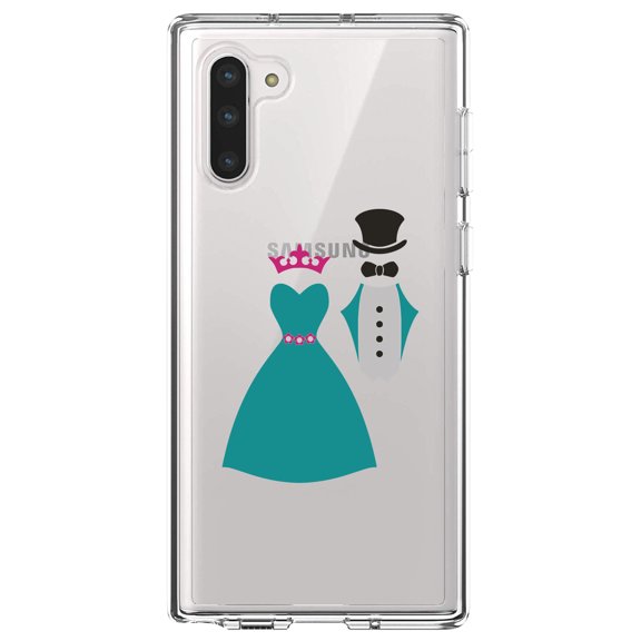 DistinctInk Clear Shockproof Hybrid Case for Samsung Galaxy Note 10 (6.3" Screen) - TPU Bumper Acrylic Back Tempered Glass Screen Protector - Bride & Groom Wedding Attire