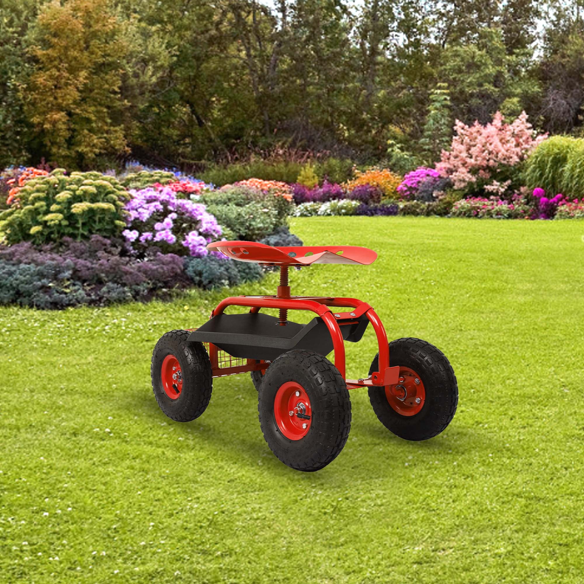 Aukfa Rolling Garden Cart Scooter with Swivel Seat, Wheels, and Tool Tray - Red