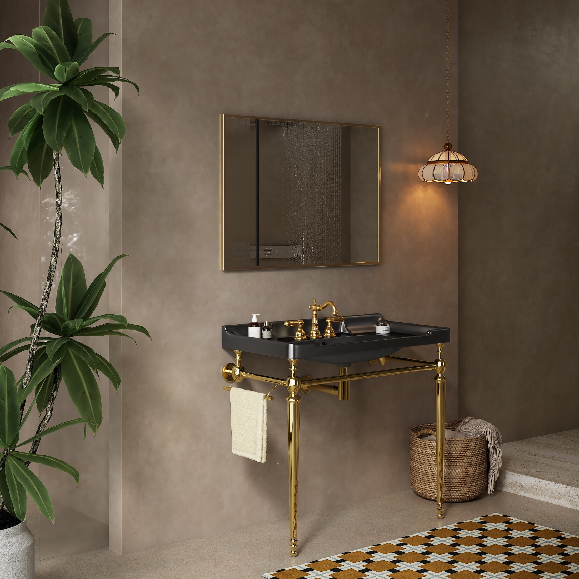 Noble House VICI 36" Bathroom Console Sink, Wall-Mounted Ceramic Basin Vanity with Stainless Steel Legs, Black & Gold