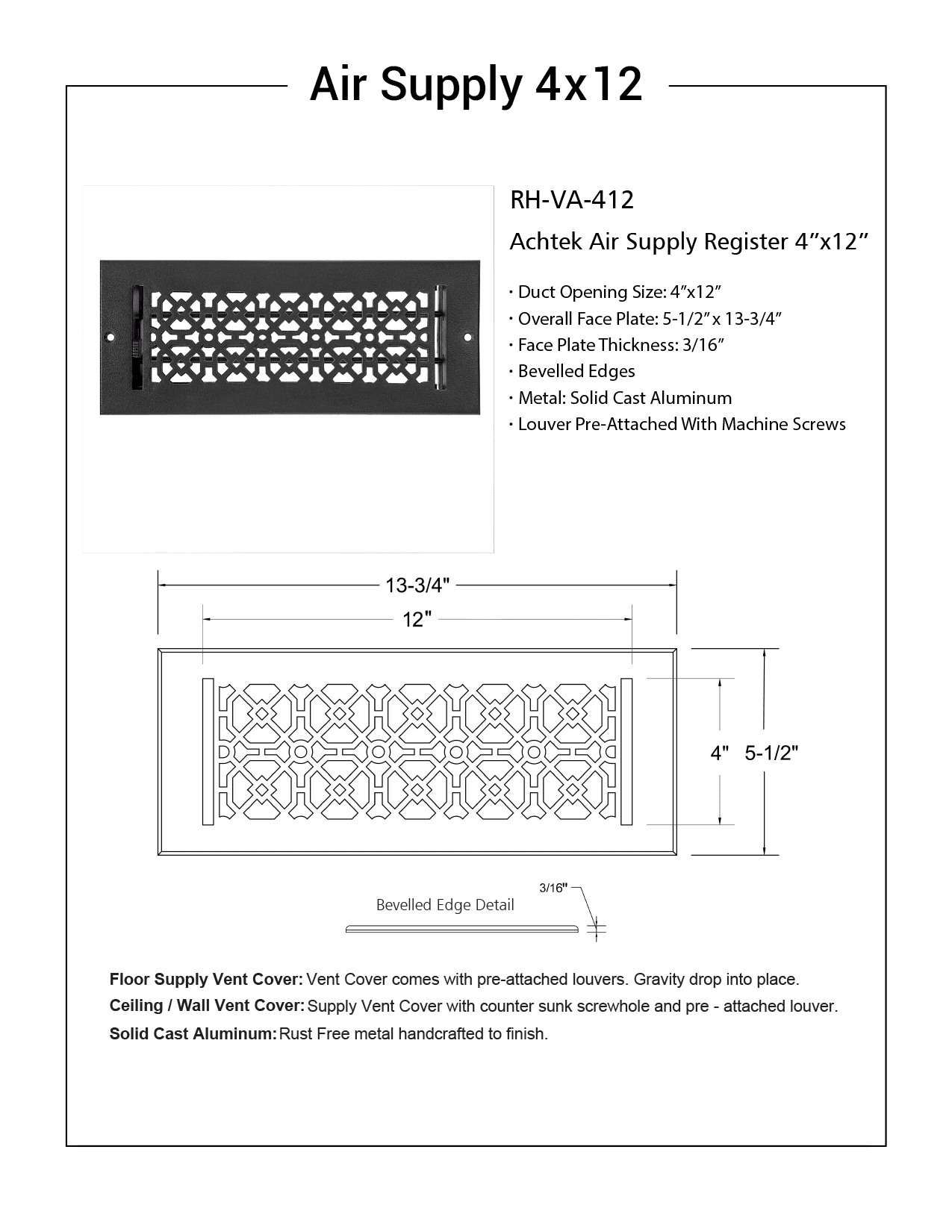 Achtek Air Supply Vent 4"x 12" Duct Opening (Overall 5-1/2"x 13-3/4") Solid Cast Aluminum Register Cover | Powder Coated