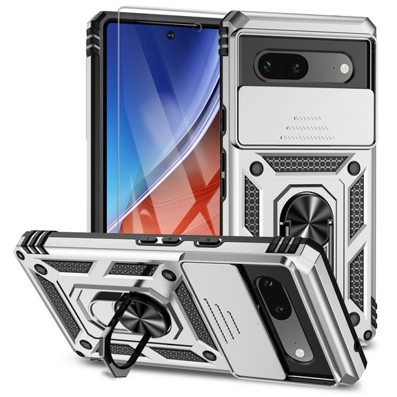 Google Pixel 7A Case with Screen Protector, Slide Camera Protective Cover Ring Holder Stand Compatible with Car Mount Shockproof Anti-Scratch Case Cover for Google Pixel 7A 6.1" - Silver