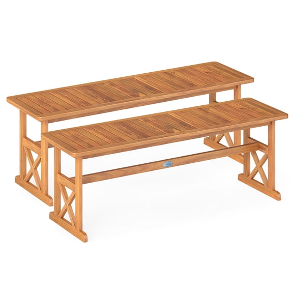 Gymax 2 PCS 51 Inches Acacia Wood Outdoor Bench w/ Slatted Seat & X-Shaped Frame