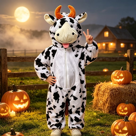 Kids Cow Onesie Costume, Hooded Zipper Animal Jumpsuit, Soft Flannel Fabric for 3-8 Years Boys and Girls Halloween Cosplay Outfit White 120