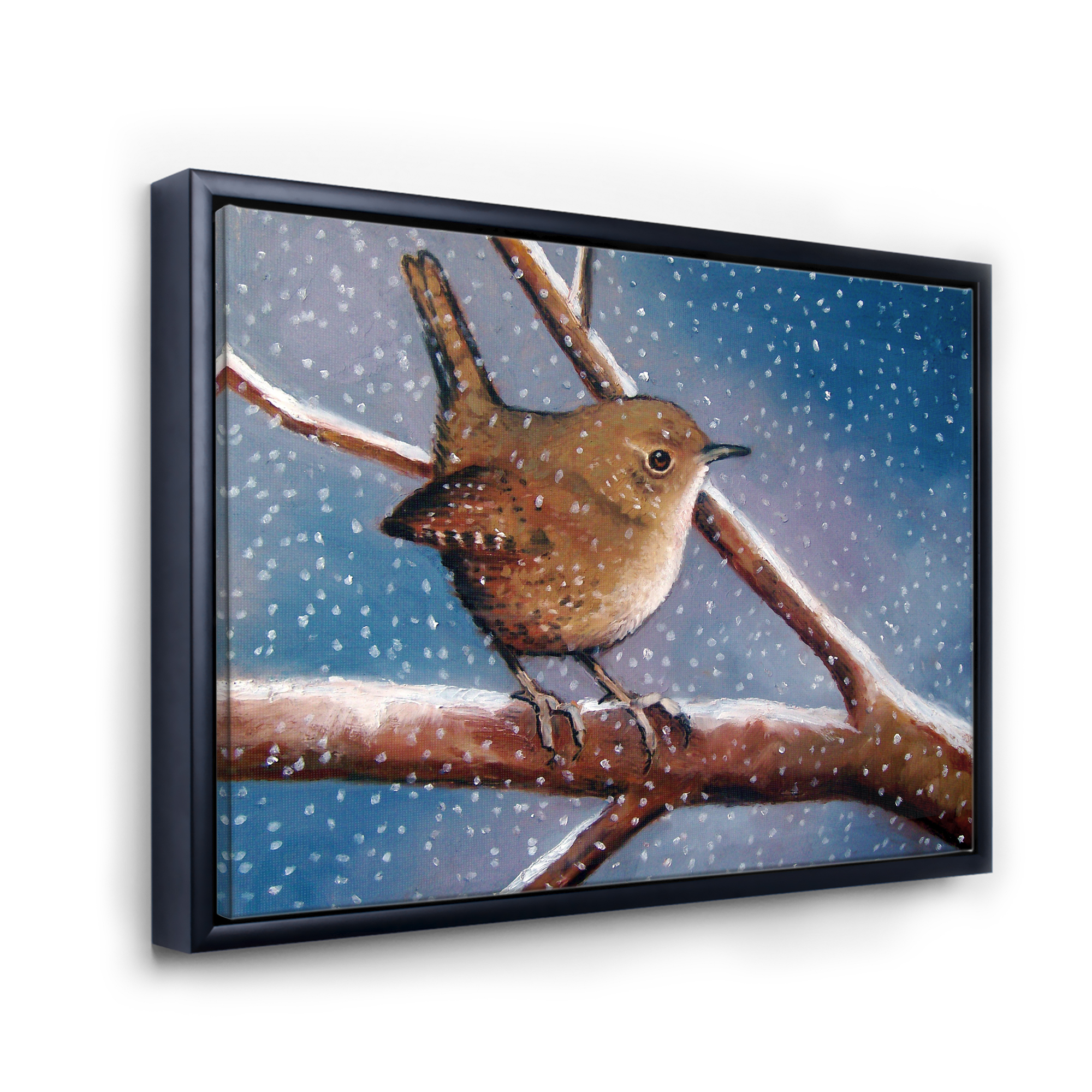 Designart 'Wren Bird On Branch In Winter' Farmhouse Framed Canvas Wall Art Print