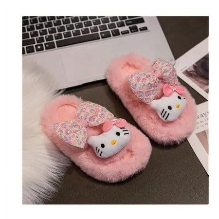 

Sanrio Kittys Cinnamoroll Kuromi Kids Furry Slippers for Girls To Wear Solid Color Cartoon Plush Comfortable Home Cotton Shoes