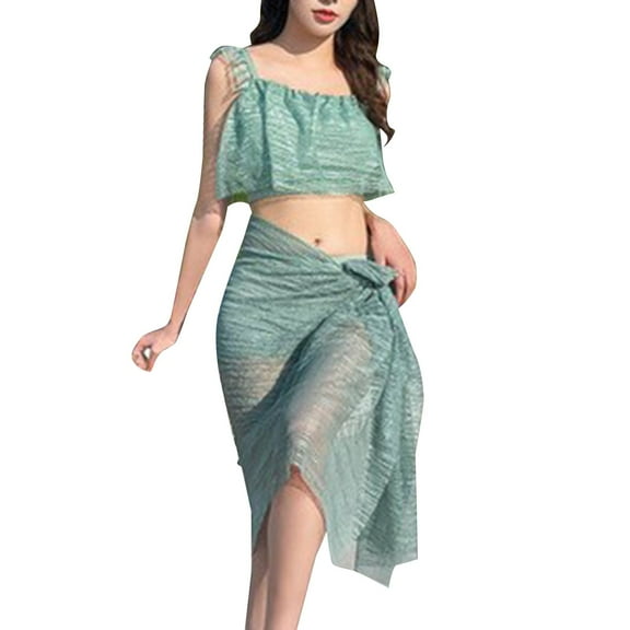 Sngxgn Women Two Piece Scoop Neck Bikini Crop Top High Cut Swimsuit High Waisted Bathing Suit(Green,M)