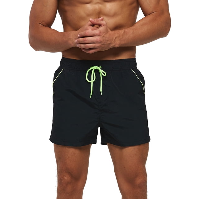 Innerwin Mens Swimsuit High Waist Boardshorts Drawstring Quick Dry Swimwear Solid Color Swimming Pool Black 3XL
