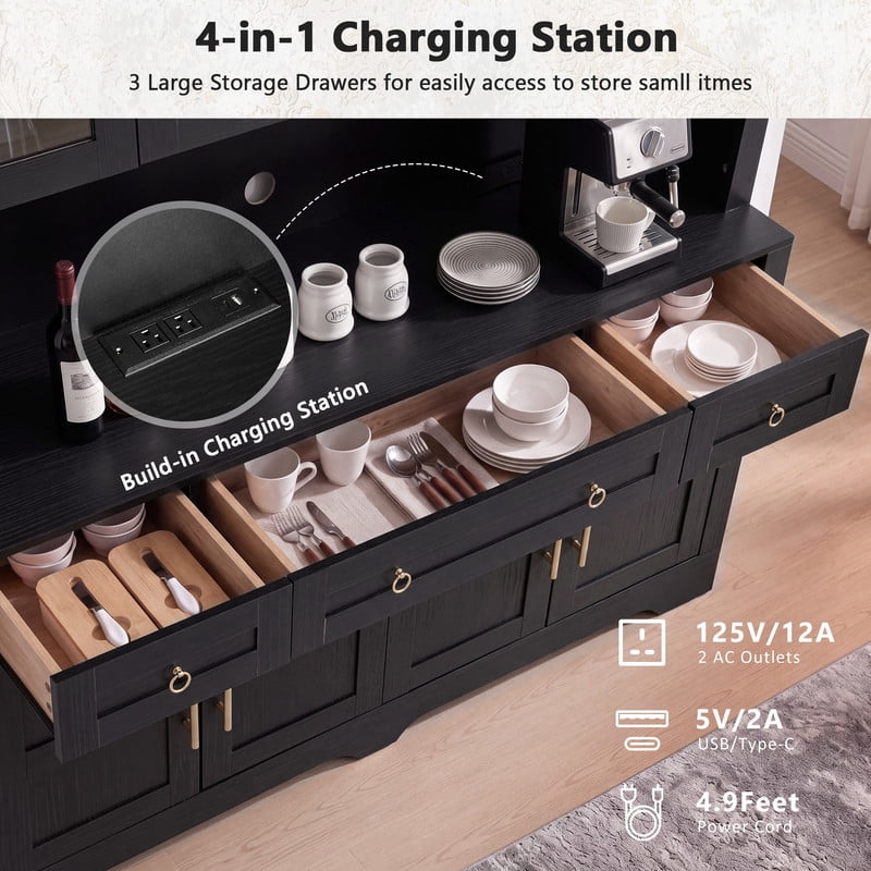 Arched Farmhouse Kitchen Pantry Storage Buffet with LED Light & Charging Station, Bar Cabinet Hutch with Drawers & Glass Holder