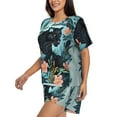 thumbnail image 2 of Fuzoiu Black Panther Floral Illustration Print Women's Short-Sleeved Pajama Set,Lounge Sleepwear Set,Womens Pajama Sets 2 Piece,Button-Up Top and Shorts with Pockets-Small, 2 of 7