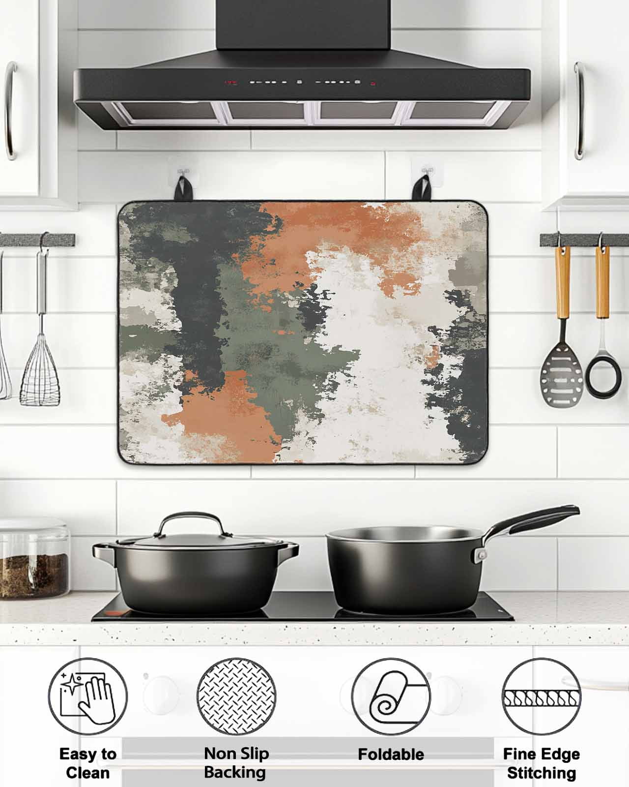 Stove Top Covers for Electric Stove, Vintage Sage Green Orange Glass Stovetop Cover Protector, Modern Abstract Art Induction Cooktop Protector Oven Mat for Kitchen Countertop 24"x21"