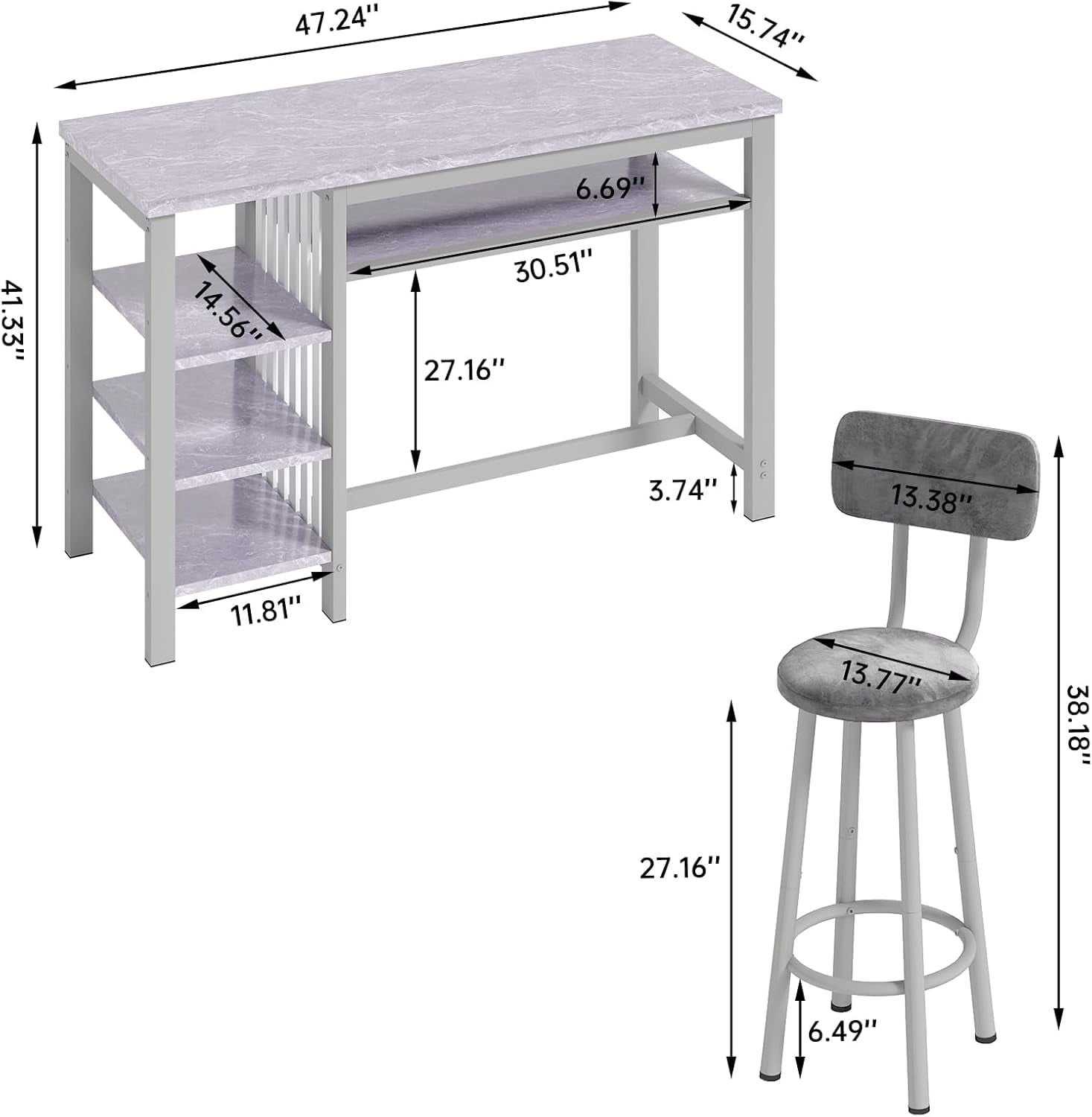 Cvortll Bar Table and Chairs Set, Kitchen Counter with 3 Tier Storage Shelves,3-Piece Faux Marble Table with 2 PU Cushion Bar Stools for Home & Kitchen,Grey
