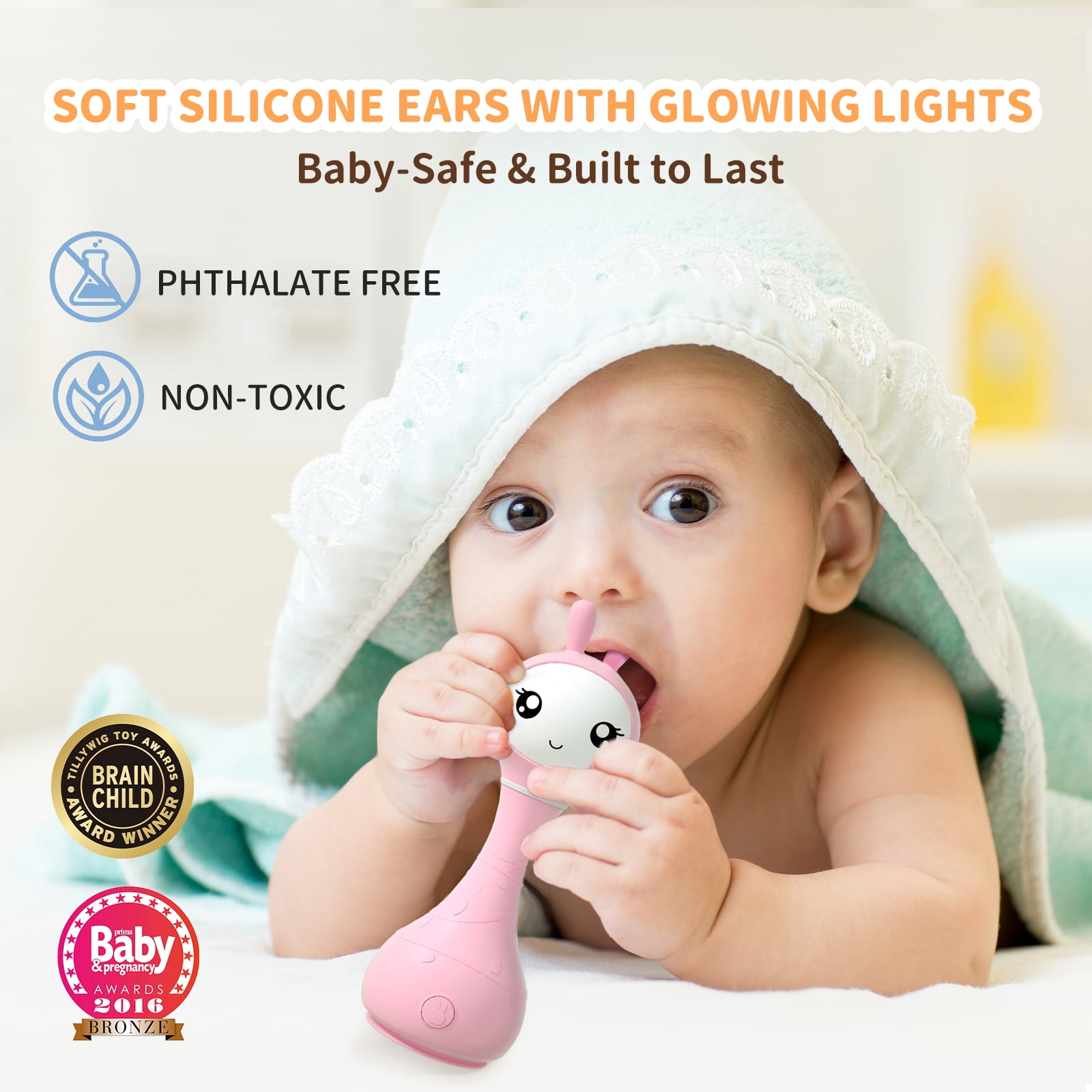 alilo Smarty Bunny Baby Rattle - Infants Musical Light up Toys for 0-24 Months - Nursery Rhymes, Stories, White Noise, and Colour Recognition - Newborn Gift