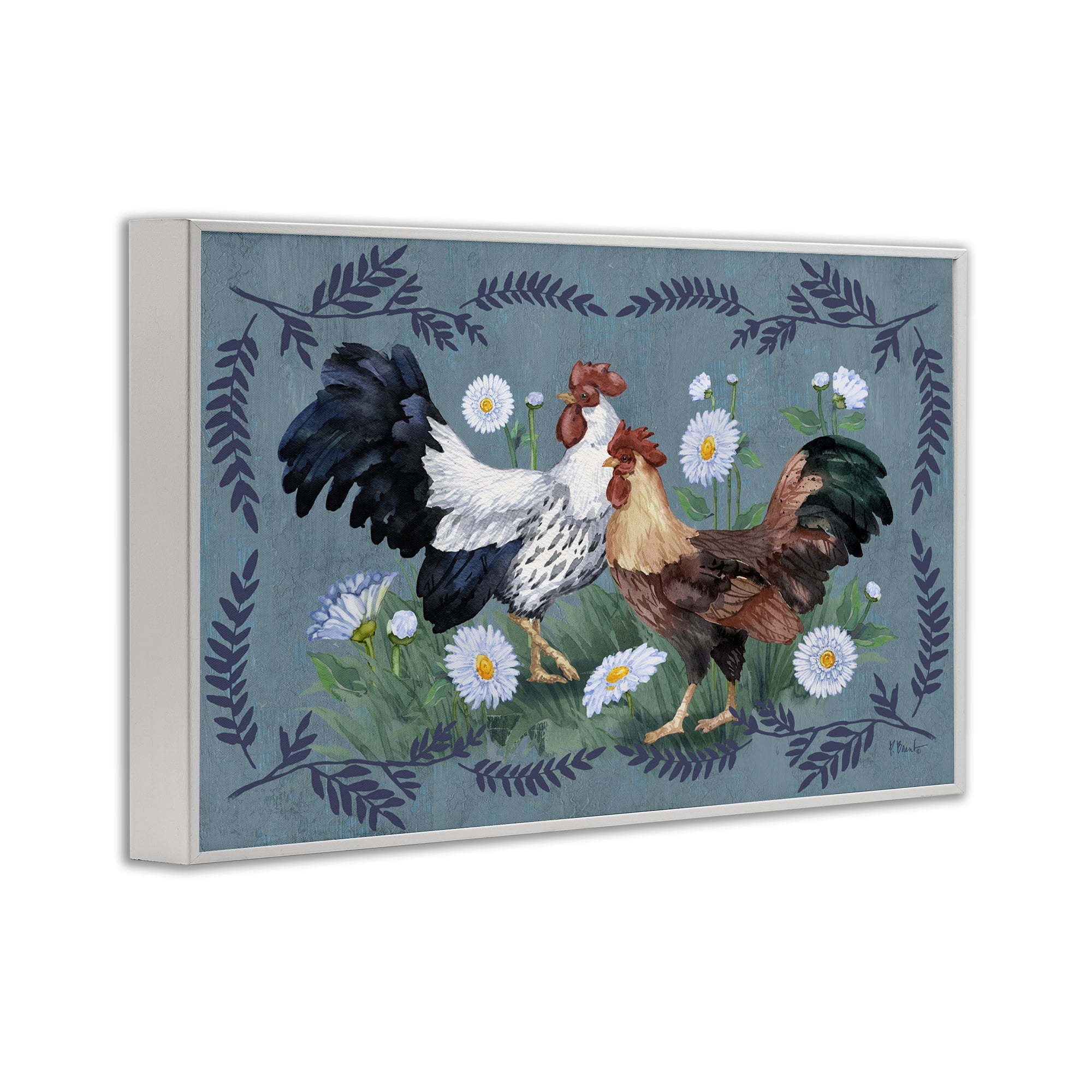 Stupell Industries Roosters with Fern Trim Animals & Insects Painting White Framed Art Print Wall Art, 30 x 20