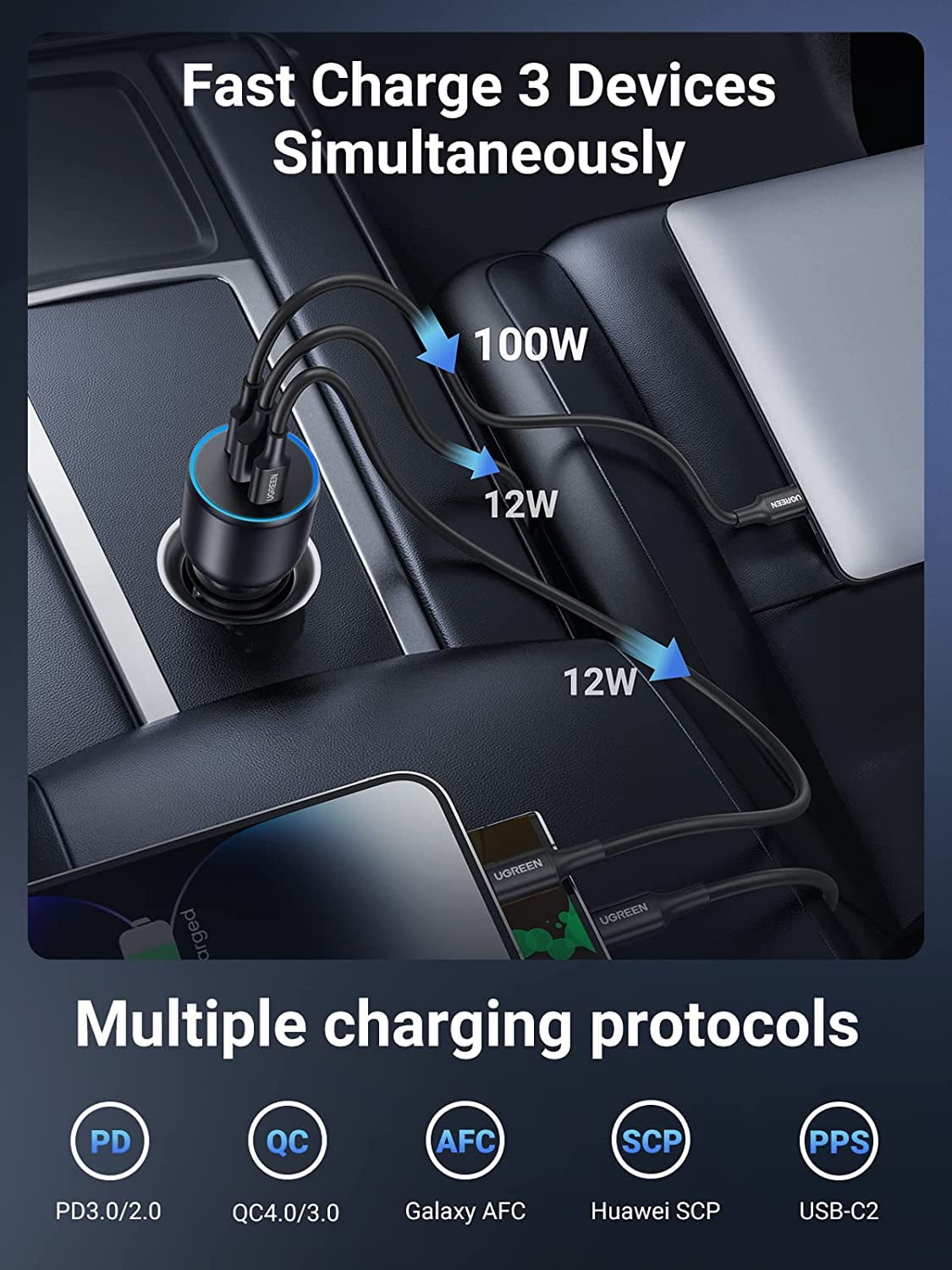 UGREEN 130W USB C Car Charger Adapter for Cellphone Laptop, PD 30W/100W/SCP 22.5W, Black