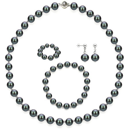 4-Piece Set with Black Freshwater Pearl Necklace Sterling Silver Chain 18 with Ball Clasp, Matching Stretch Bracelet, Matching Earring, & Matching Stretch Ring, 10mm x 11mm, Silver Beaded