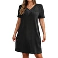 thumbnail image 2 of IUYRTFE Women Solid Color Short Sleeve V Neck Ribbed Dress Casual Loose Fit Summer Mini Dress, 2 of 6