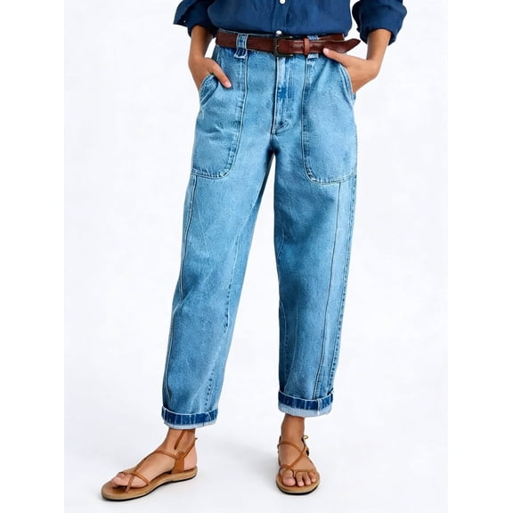 Women's High-Waisted Wide-Leg Jeans with Patch Pockets, Casual Denim Pants for Everyday Wear Size S-2XL