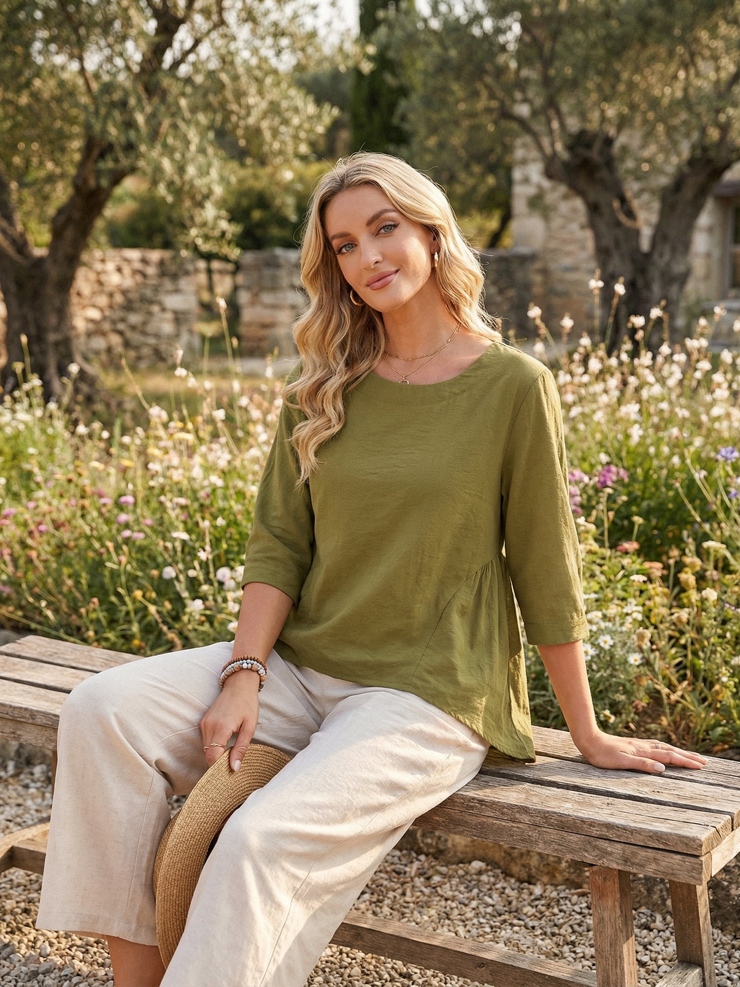 DARING DIVA Women's High Low Tops with 3/4 Sleeve Crewneck Tunic Blouse XL Olive Green