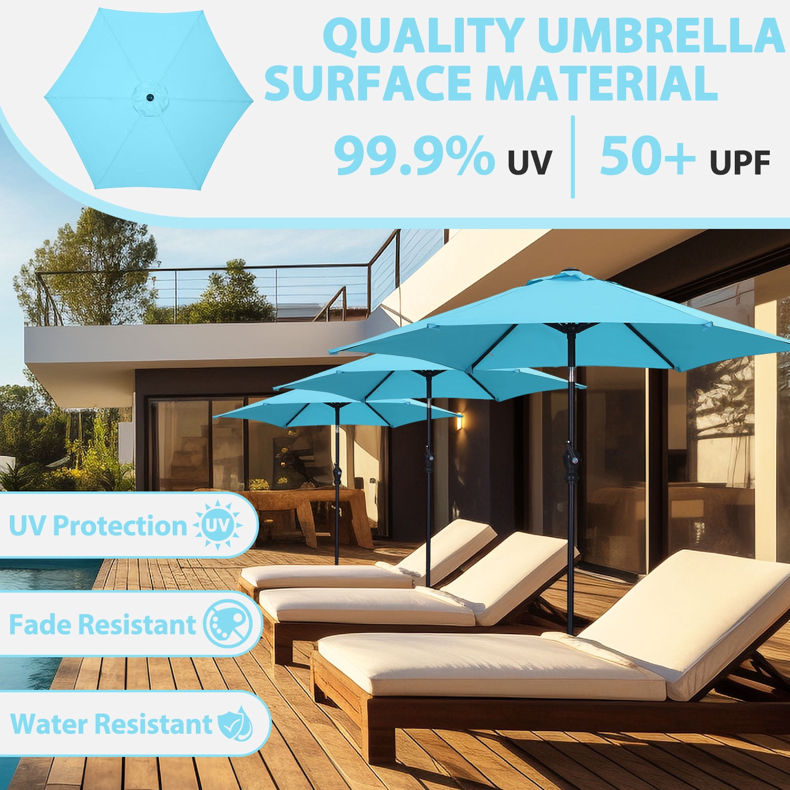 Autlaycil 9ft Outdoor Patio Table Umbrellas 6 Ribs W/ Tilt Crank for Patio Garden and Poolside- Blue