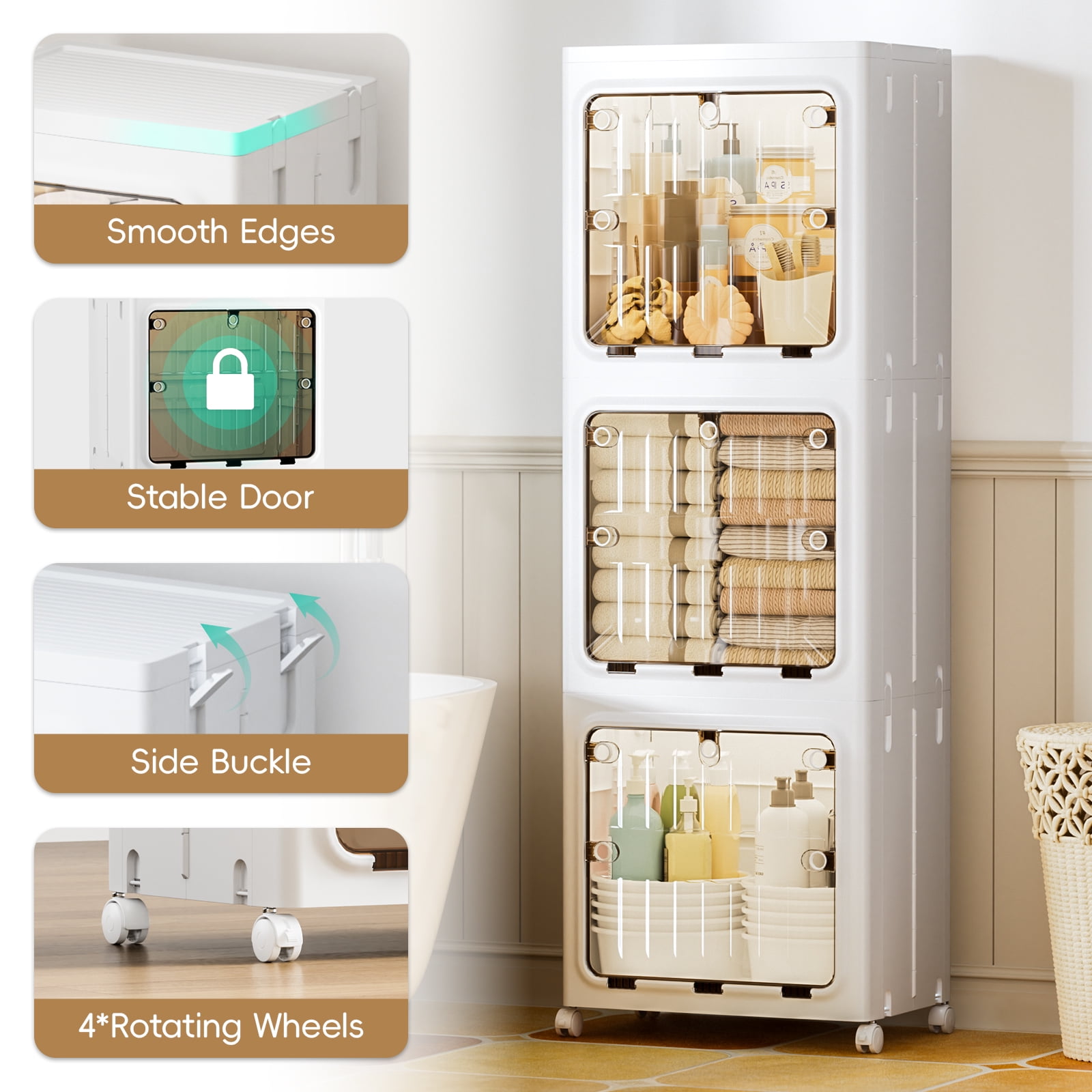 JEKO&JEKO 3-Tier Bathroom Storage Cabinet with Wheels, Lockable Doors, Plastic Organizer for Kitchen, Laundry Room, White
