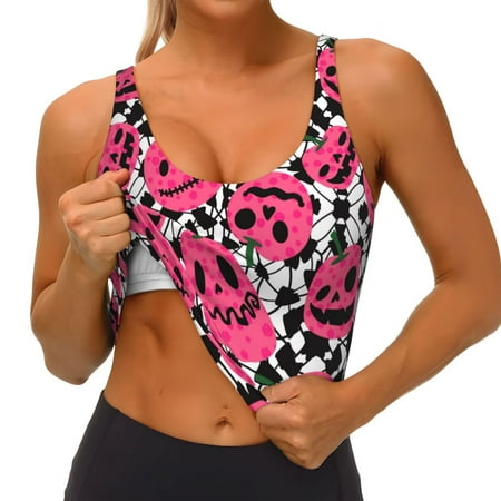 Qokaie Halloween Pumpkins Pattern Womens Scoop Neck Sports Bra Breathable Workout Vest Padded U Back Medium Impact Fitness Gym Yoga Bra Workout Crop Top