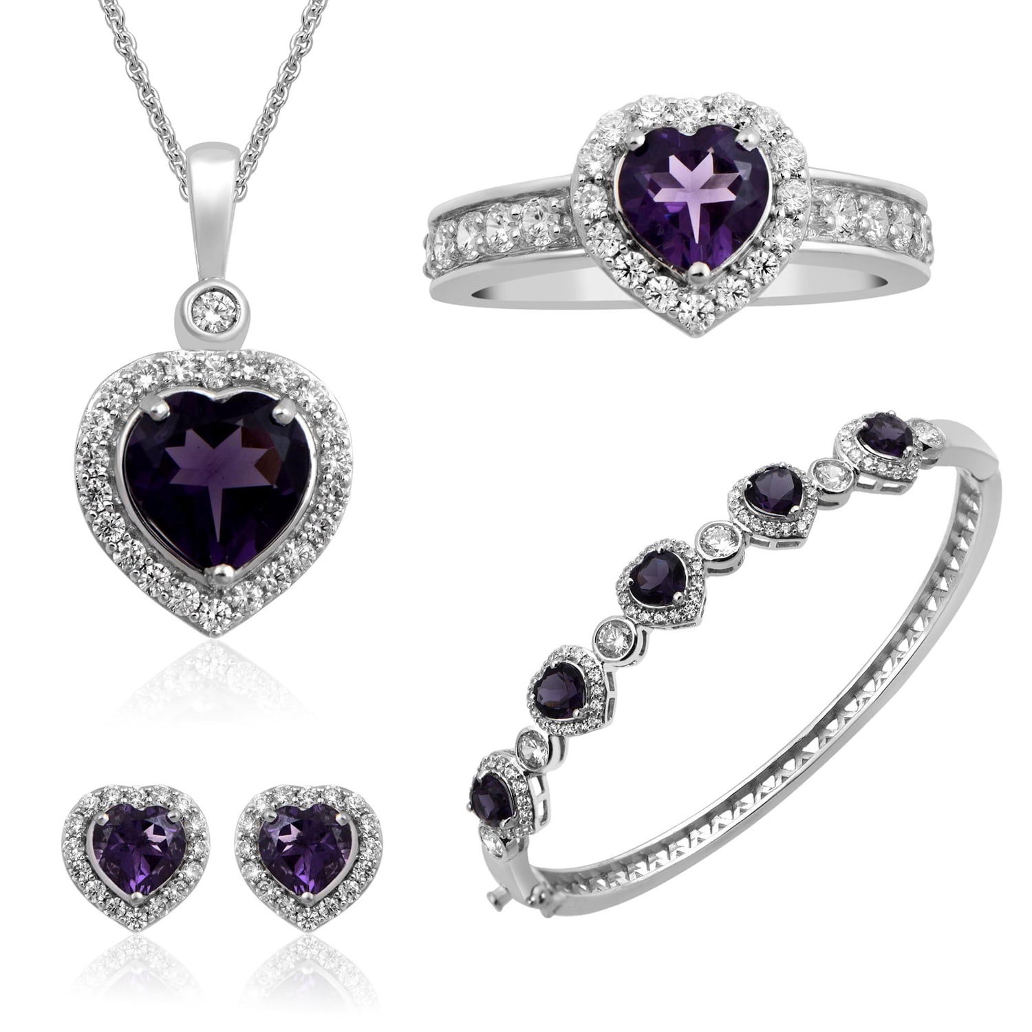 Sterling Silver & Brass Sim Amethyst Heart With White Cubic Zirconia Four Piece Box Set Consisting of Ring, Pendant,... by Generic
